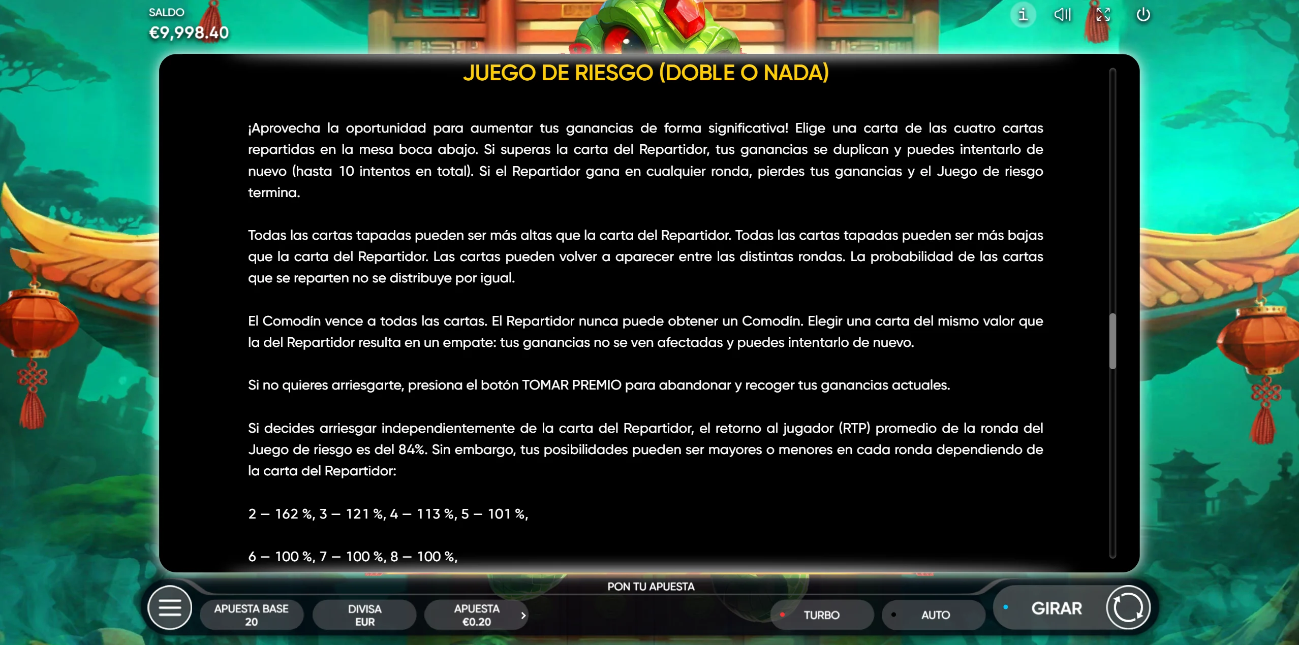 Fortune Snake — pantalla de reglas del juego de riesgo